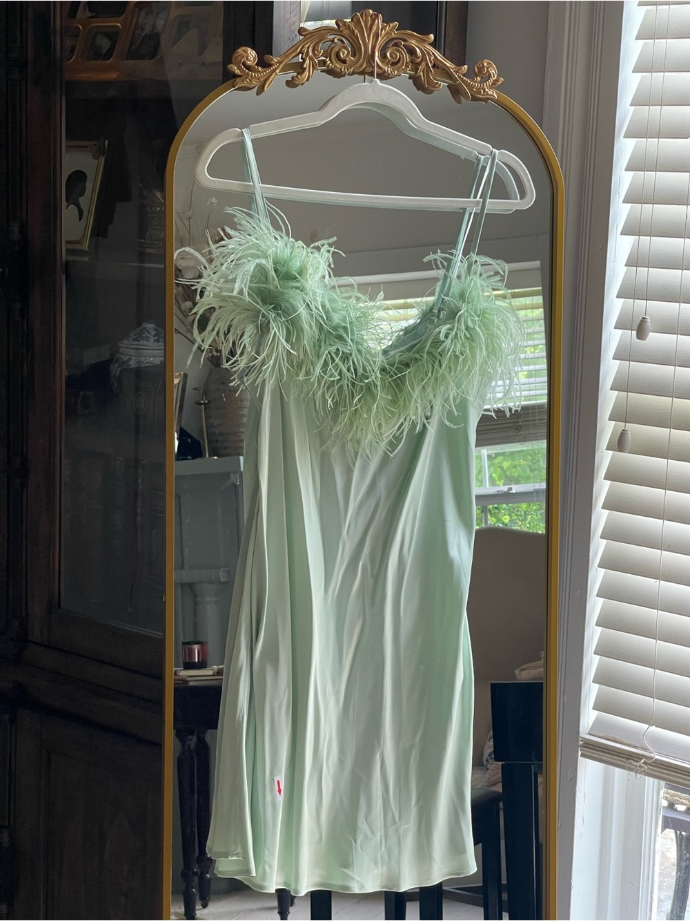 Sleeper NWT Boheme Feather-Trimmed Satin Slip Mini Dress in mint green - Picture 2 of 10